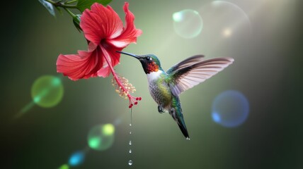 Naklejka premium Hummingbird Harmony: A ruby-throated hummingbird, a blur of iridescent emerald and ruby, delicately sips nectar from a vibrant hibiscus flower, painting a scene of nature's art.