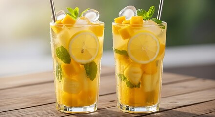 Refreshing Mango Lemonade with Mint and Ice.