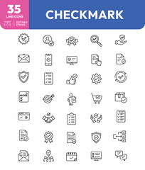 Collection of thirtyfive line icons with checkmarks editable stroke and various symbols