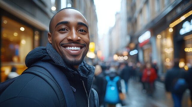 A man with a backpack and a jacket is smiling in a busy city street. The scene is lively and bustling with people walking around
