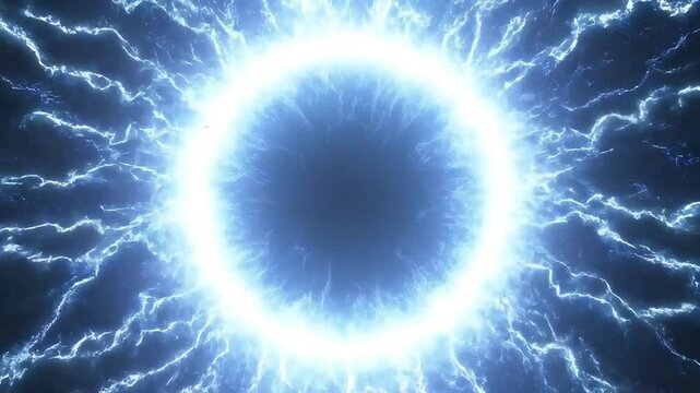 Abstract futuristic background featuring a circular blue energy gate surrounded by powerful electric lightning bolts, a cosmic portal concept