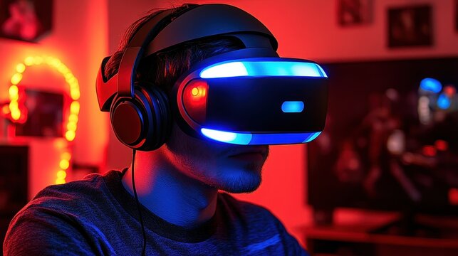 A man wearing a VR headset is playing a video game. The room is dimly lit, with a red light in the background. The man is fully immersed in the game