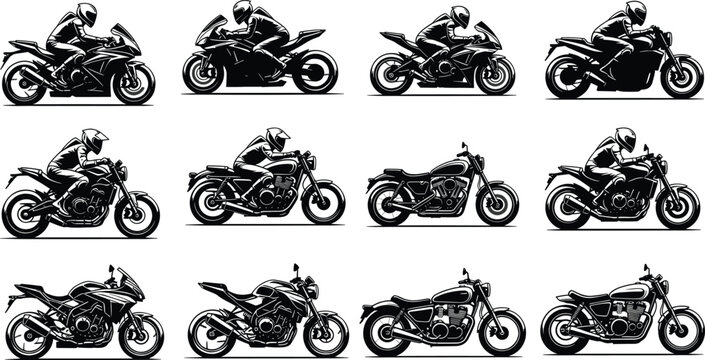 Fototapeta Motorcycle icon set, sport bike, cruiser bike, rider posture, black and white design, side view, motorbike illustration, grid layout