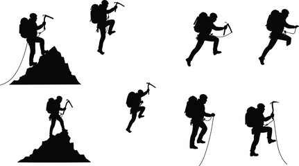 Mountain climber silhouette, hiking vector illustration, ice axe pose clipart, outdoor adventure graphic, black climber icon, alpine ascent design