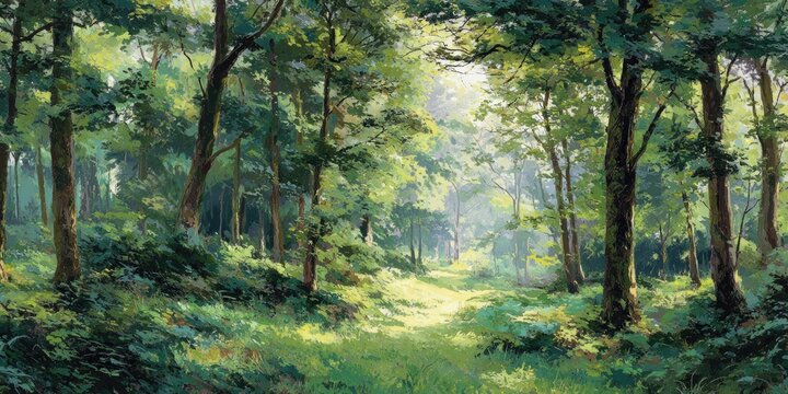 Lush green forest path bathed in sunlight - Powered by Adobe