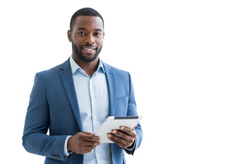 Smiling african american businessman holding tablet