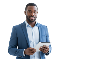 Smiling african american businessman holding tablet