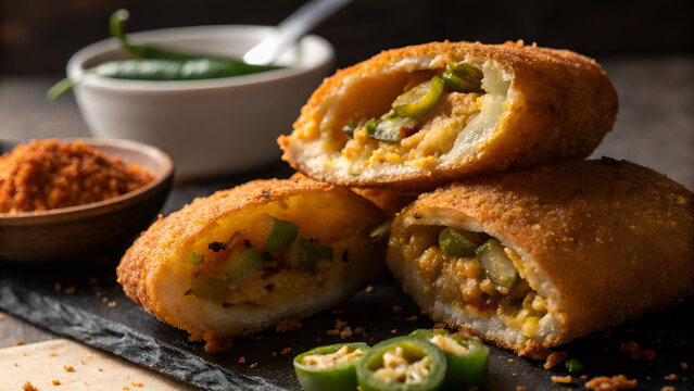 Cut open mirchi bajji showing spicy potato filling, golden crisp coating, close macro, dramatic lighting.