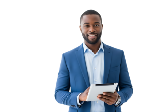 Smiling african american businessman holding tablet