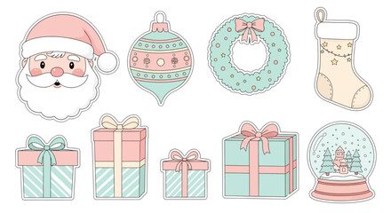 Cute Christmas Clip Art Set Featuring Santa Claus, Ornaments, Wreath, Stocking, Presents, and Snow Globe
