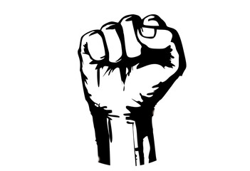 Raised Hand Fist Protest Revolution symbol. Hand clenched power strength icon on white.