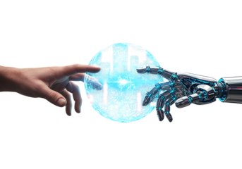 Human hand and robot hand reaching out to each other
