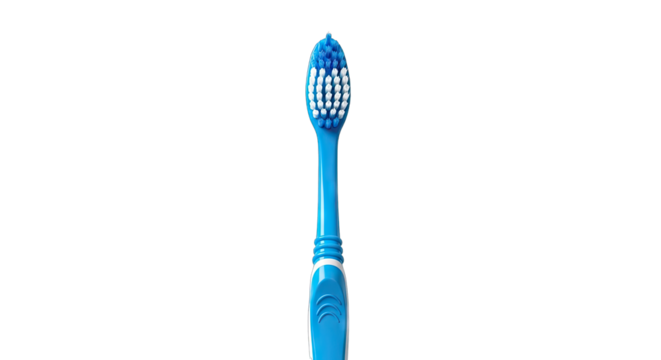 Close up macro shot of a blue toothbrush with white bristles and blue gel toothpaste on a black background - Powered by Adobe