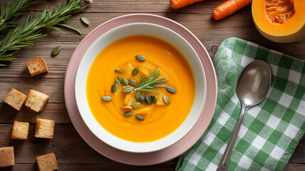 Bowl of pumpkin soup on wooden table. Perfect for fall recipes, food blogs, cozy home cooking articles, seasonal menu design.