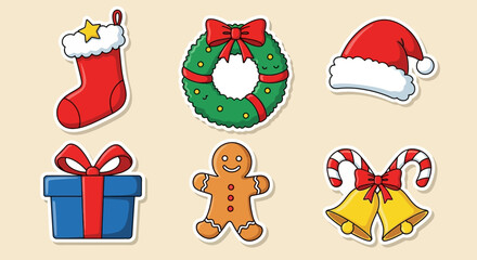 Collection of Christmas icons and decorations including stocking, wreath, hat, gift, gingerbread man, and bells