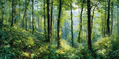 Obraz premium Lush green forest with sunlight filtering through trees