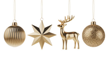 Elegant gold Christmas ornaments and reindeer hang ready for festive decor