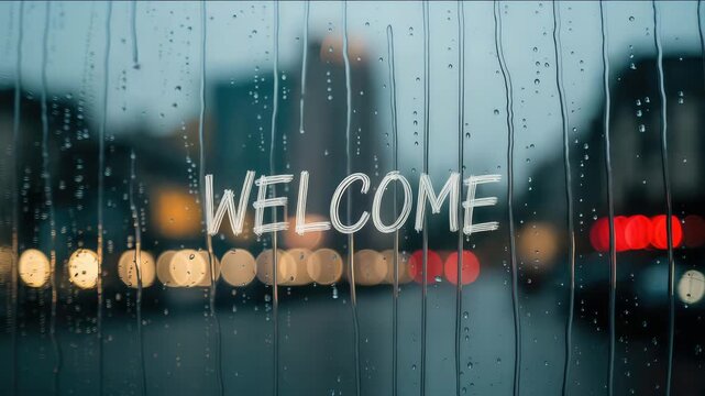 Rainy window with welcome message creates a cozy, inviting atmosphere on a cloudy day