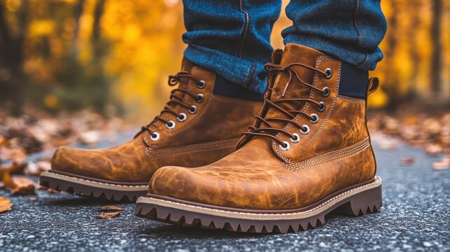 A person is wearing brown boots with a brown laces. The boots are made of leather and have a rugged appearance. The person is standing on a paved road, and the boots are visible from the side