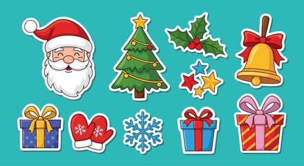 Christmas Icons Set Santa Claus, Tree, Gifts, Snowflakes, Holly, Bell, Stars, and Mittens for Festive Decorations