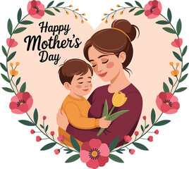 Mother's Day Illustration of Happy Mother and Child with Flowers