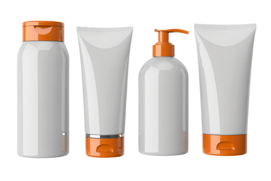 Four clean, modern cosmetic containers with orange caps and dispensers ready for product branding and packaging design projects