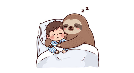 Naklejka premium Cozy Sloth Comforts a Child A Heartwarming Embrace of Friendship and Sleep, Dream of Sloths
