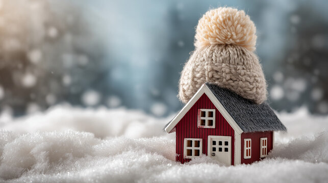 Cozy winter scene with a cute red house adorned with a wool hat standing in the snow, perfect for seasonal designs and concepts.