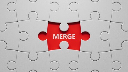 Fototapeta premium puzzle pieces with missing pieces with MERGE business word.close up of puzzle pieces with missing pieces,Business Concept.3D rendering.