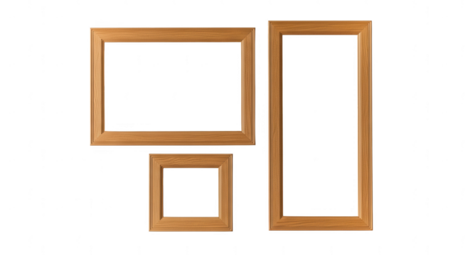 Variety of three empty wooden picture frames, diverse sizes and orientations, isolate.