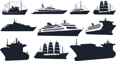 Ship silhouette collection, boat vector icons, cruise yacht cargo ferry, sailing vessel pack, black maritime graphics, nautical transport illustration © Hasem Creative