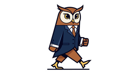 Cartoon owl in a business suit walking forward on white background
