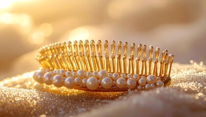 Naklejka premium Elegant Gold and Pearl Bracelets Sparkling in Warm Sunlight.