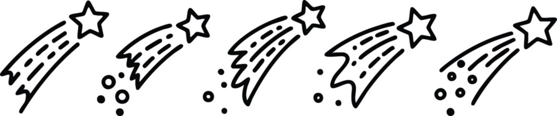Obraz premium Icon Set Vector Shooting Star Comet Doodles Collection with Sparkle Elements Minimalist Line Art Black White
