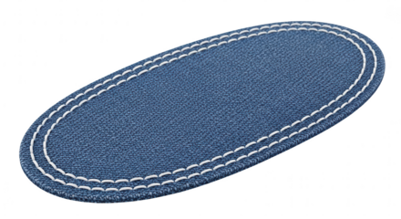 Blue oval denim fabric patch with white stitching, isolated for logo or design element.