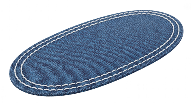 Blue oval denim fabric patch with white stitching, isolated for logo or design element. - Powered by Adobe