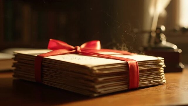 A stack of aged, handwritten letters tied with a vibrant red ribbon on a dark wooden table.