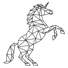 Geometric line art of a rearing unicorn composed of angular polygons and straight lines, facing right.