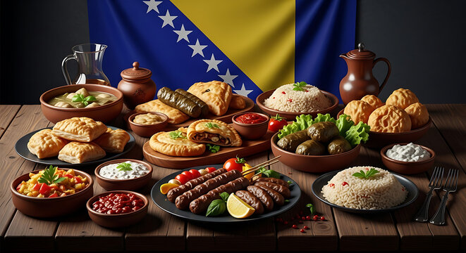 Hyper-Realistic Bosnian Traditional Cuisine with Bosnia & Herzegovina Flag &ndash; Premium Balkan Food Photography