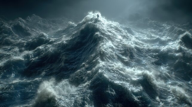 A man is standing on top of a wave in the ocean. The water is rough and choppy, and the man is surrounded by the waves. The scene is intense and dramatic