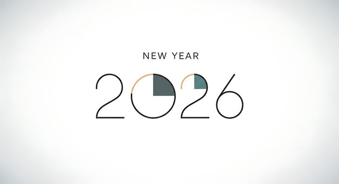 Elegant and minimalist design for the New Year 2026, featuring a stylized clock countdown on a clean, modern white background