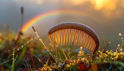 Obraz premium Mushroom with Rainbow and Dewdrops in a Sunny Morning Meadow.