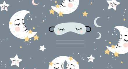 Adorable seamless pattern illustrating sleeping crescent moons, dreaming stars, and a soft sleep mask for sweet dreams.