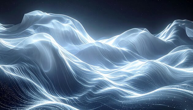 An ethereal landscape of glowing, undulating lines resembling mountains or waves under a dark, starry sky. The scene is abstract and luminous