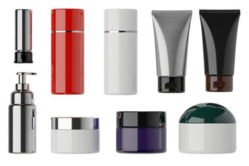 Modern cosmetic packaging collection featuring sleek bottles, tubes, and jars for beauty product branding and advertising.