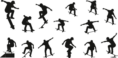 Skateboarding silhouette, trick pose, extreme sports action, freestyle jump, urban youth culture, dynamic motion, stunt balance, ramp maneuver, skateboard flip, energy