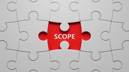 puzzle pieces with missing pieces with SCOPE business word.close up of puzzle pieces with missing pieces,Business Concept.3D rendering.