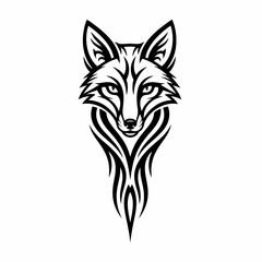 Obraz premium Black and white tribal style fox head illustration with abstract flame patterns, symmetrical and detailed artwork.