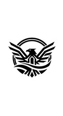 Fototapeta premium A striking black and white emblem featuring a stylized eagle or phoenix with outstretched wings, set within a bold circular frame, conveying strength and freedom.