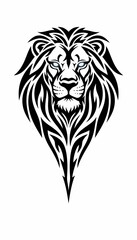 Fototapeta premium Stylized black and white tribal lion head tattoo design with intricate patterns and piercing blue eyes.